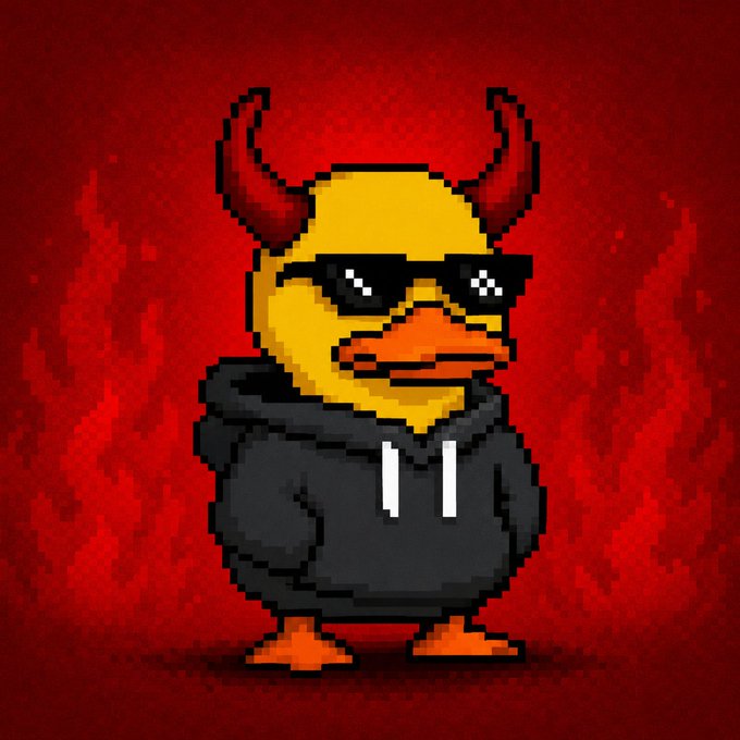 A pixel art illustration of a yellow duck wearing black sunglasses, red devil horns, and a black hoodie against a red background with flame patterns.