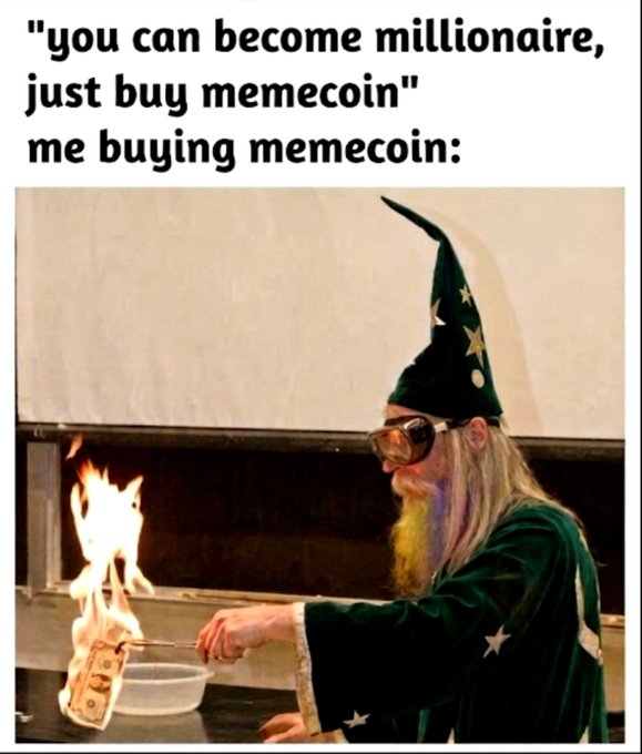 A meme featuring a wizard burning a dollar bill with text reading 'you can become millionaire, just buy memecoin' followed by 'me buying memecoin:'.