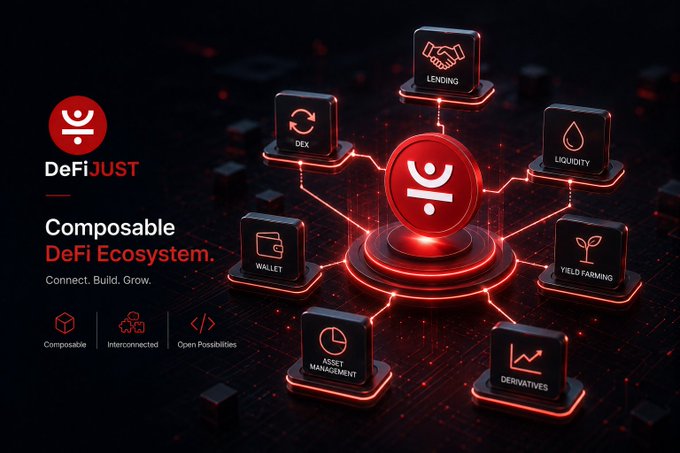 A dark, 3D-rendered promotional image for 'DeFiJUST - Composable DeFi Ecosystem. Connect. Build. Grow.' featuring interconnected nodes for Lending, DEX, Liquidity, Yield Farming, Derivatives, Asset Management, and Wallet.