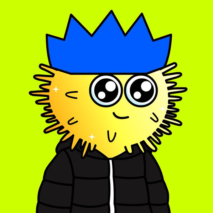 A cartoon-style illustration of a yellow character with large sparkly eyes, wearing a blue crown-like hat and a black puffer jacket against a bright green background.