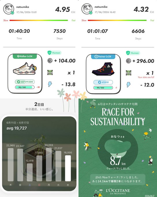 The image contains a digital infographic with two different posts related to race for sustainability, featuring images of sneakers and a plant. One of the infographics has white bars showing that people are walking or running in shoes and one bar shows a small plant. The other infographic includes a table with the name of someone who is participating in a marathon and another table that tracks their steps during the run.