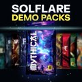 A promotional graphic for 'SOLFLARE DEMO PACKS' displaying colorful product packaging for items including MAXED.