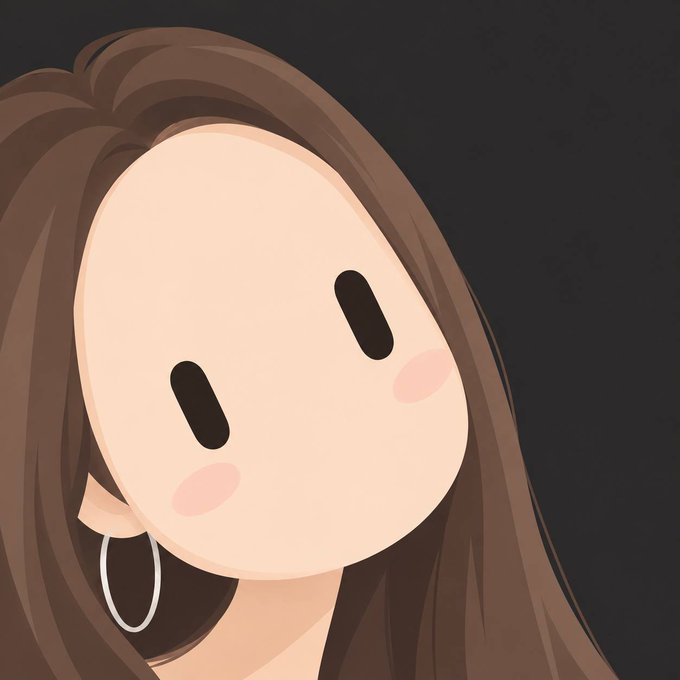 A cartoon-style digital illustration of a woman with long brown hair, minimal dot eyes, pink blush on her cheeks, and a white hoop earring against a dark background.