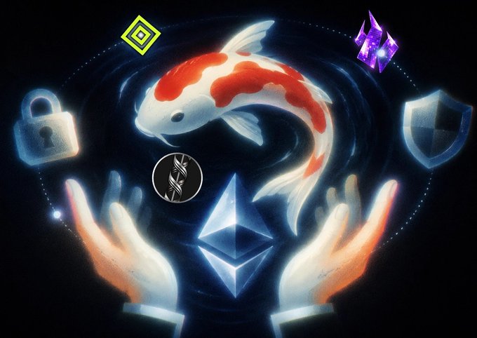 The image features a hand holding a crystal ball that has an etherium coin inside of it. The hand is positioned over a lock and key, as well as a shield and a fish. There are also other coins visible in the scene. The background of the image is black with some purple elements scattered throughout. The caption reads "Focus on what is in the image and how it relates to the post."