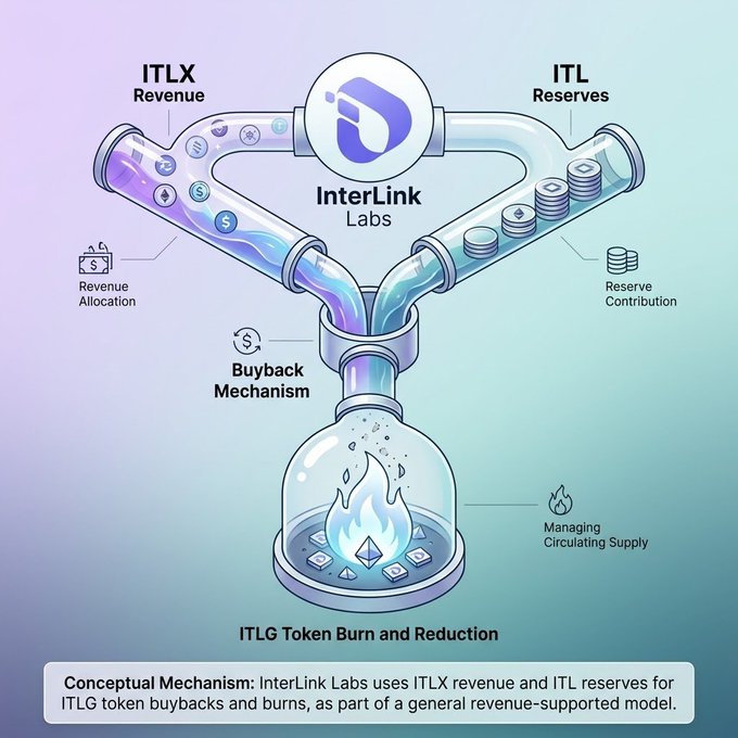 An infographic diagram for "InterLink Labs" illustrating an "ITLG Token Burn and Reduction" conceptual mechanism with sections for ITLX Revenue, ITL Reserves, Buyback Mechanism, and Managing Circulating Supply.