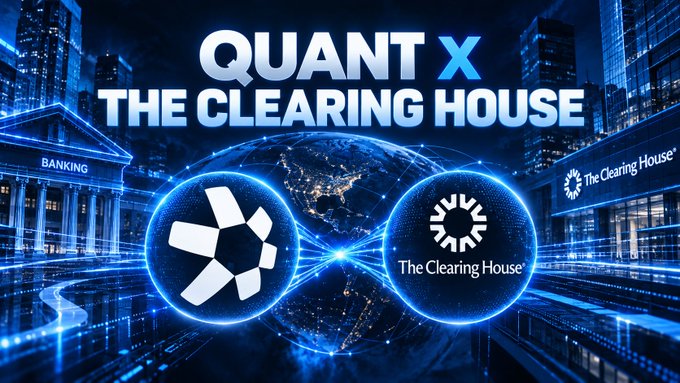A stylized blue graphic promoting 'QUANT X THE CLEARING HOUSE,' displaying glowing logos of Quant and The Clearing House against a cityscape background.