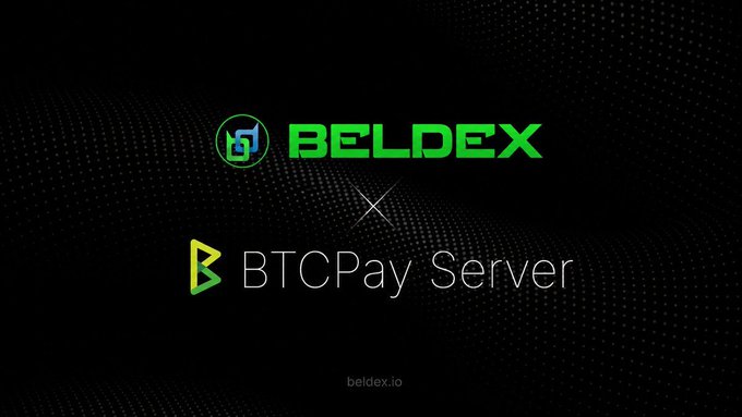 A promotional graphic showing 'BELDEX × BTCPay Server' partnership announcement on beldex.io against a dark background.