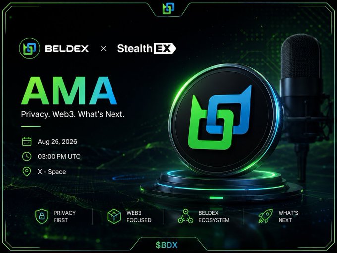 A promotional graphic for a 'BELDEX x StealthEX' AMA event titled 'Privacy. Web3. What's Next.' scheduled for Aug 26, 2026, at 03:00 PM UTC on X-Space, tagged with $BDX.
