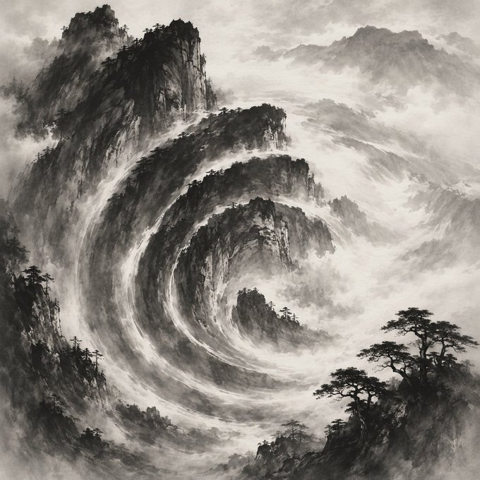 A traditional Chinese-style ink painting depicting misty, towering mountain peaks spiraling inward toward the center, accented with a pine tree silhouette in the lower right corner.