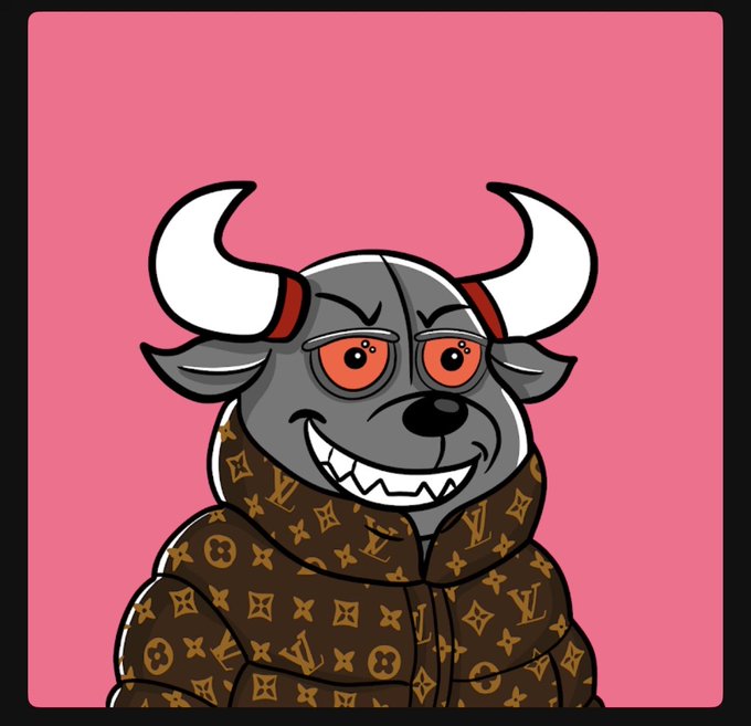 A cartoon illustration of a grey bull character wearing a Louis Vuitton monogram puffer jacket, set against a pink background.