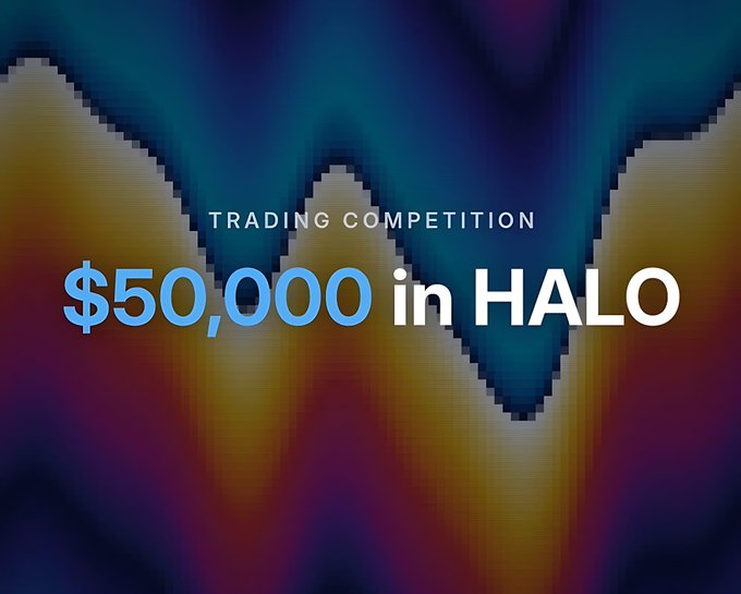 A colorful gradient background with wave patterns features the text 'TRADING COMPETITION' and '$50,000 in HALO'.
