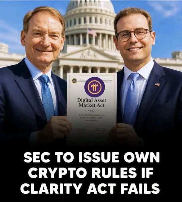 The image features two men in suits holding a "Digital Asset Market Act" bill document in front of the U.S. Capitol building, with bold text reading "SEC TO ISSUE OWN CRYPTO RULES IF CLARITY ACT FAILS." This relates to the post by illustrating the regulatory tension surrounding crypto legislation, visually emphasizing the SEC's readiness to impose its own framework if the Clarity Act fails to pass.
