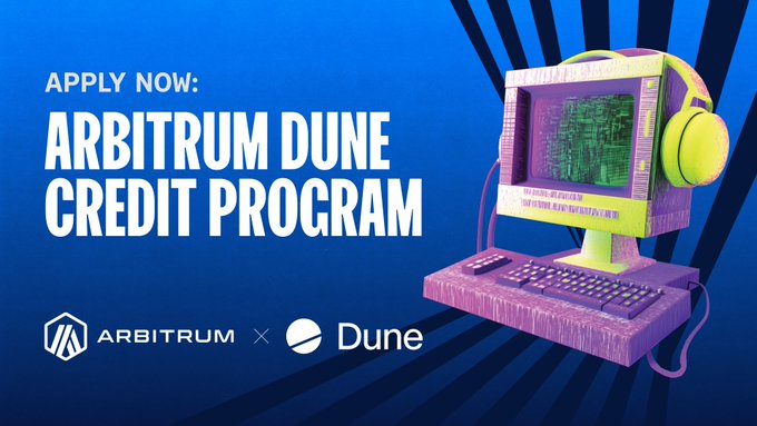 Advertisement banner for the 'ARBITRUM DUNE CREDIT PROGRAM' featuring a stylized 3D retro computer graphic.