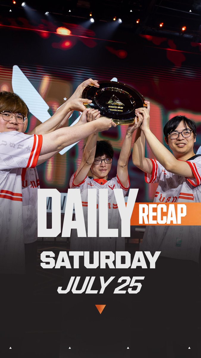 Team members in white and red jerseys hoist a circular gold trophy above their heads on stage beneath bright lights, with overlay text reading "DAILY RECAP" and "SATURDAY JULY 25," reflecting the championship celebration highlighted in the recap.