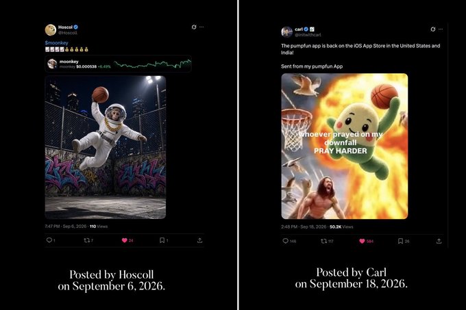 Two side-by-side social media posts from "Hoscoll" (Sept 6, 2026) and "Carl" (Sept 18, 2026) feature AI-generated "moonkey" meme imagery — including an astronaut monkey playing basketball and a praying monkey with the text "Whoever prayed on my downfall PRAY HARDER" — tying into the $moonkey ticker mentioned in the post.