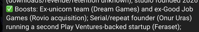 The image shows a bullet point highlighting the credentials of a Play Ventures-backed startup, noting "Boosts: Ex-unicorn team (Dream Games) and ex-Good Job Games (Rovio acquisition); Serial/repeat founder (Onur Uras) running a second Play Ventures-backed startup (Feraset)."

This image illustrates the "power law" concept mentioned in the post—showing why one startup with ex-unicorn team experience (Dream Games) and a serial founder (Onur Uras) could be the rare winner that justifies the losses from the other 99 investments.