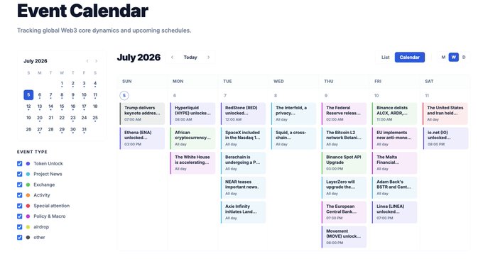 An Event Calendar interface for July 2026 titled 'Tracking global Web3 core dynamics and upcoming schedules,' displaying various event types including Token Unlock, Project News, and Exchange activities across the days.