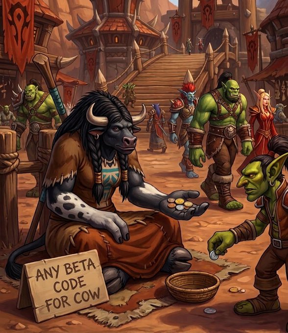A fantasy scene with various orcs and trolls in a village, where a tauren-like cow creature sits with a sign reading 'ANY BETA CODE FOR COW' while holding out coins to a goblin.