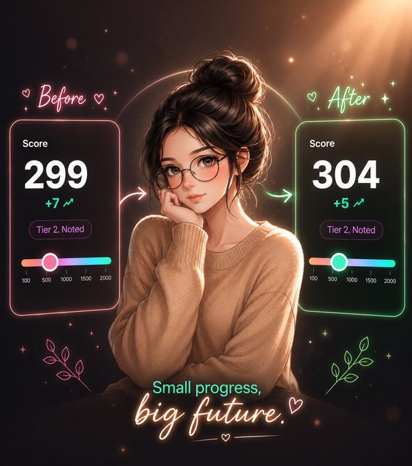 An anime-style illustration of a woman with glasses and a bun hairstyle between 'Before' and 'After' score panels showing a progression from 299 to 304, with the caption 'Small progress, big future.'