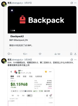 The image shows a social media post with two posts displayed side by side, both featuring the hashtag #backpack. The first post has a black background and white text that reads "Backpack" followed by a red logo of a backpack on top. The second post also has a black background but uses a white background instead, displaying a postcard-style image with a red background and white text that says "Backpack" in Chinese. Both posts are about the hashtag #backpack, and they both contain a link to a website called "Backpack.cn".