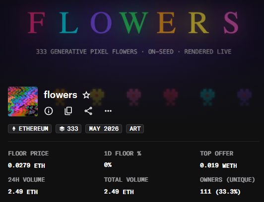 The image shows a listing of different flowers and their descriptions, with the word "Flowers" written in big, colorful letters at the top. A large rainbow of colors appears across the image, giving an artistic feel to the overall presentation. The text displays various descriptions of these flowers, likely including information about their names, appearances, and how they grow or bloom.