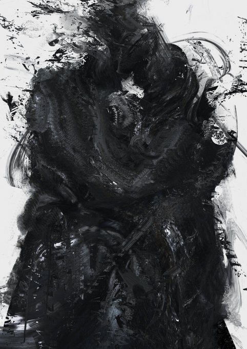 "Bound," a 1/1 digital painting sold for 1,300 tez, is rendered in expressive black ink with sweeping, gestural brushstrokes that form an abstract, shadowy figure bound by thick, writhing strokes against a white background.