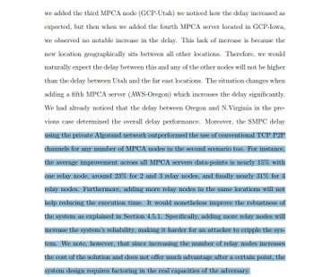 A highlighted excerpt from an academic paper discusses MPCA servers and TCP/P2P channels, noting performance improvements for relay nodes (~15% with one relay, ~22% for 2, ~31% for 3) and overhead reduction for adding relay nodes.