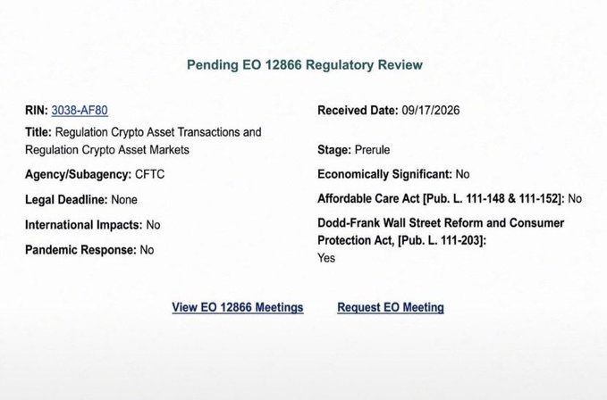 A screenshot of a government regulatory review page titled 'Pending EO 12866 Regulatory Review' for RIN '3038-AF80' regarding 'Regulation Crypto Asset Transactions and Regulation Crypto Asset Markets' by the CFTC, received on 09/17/2026.