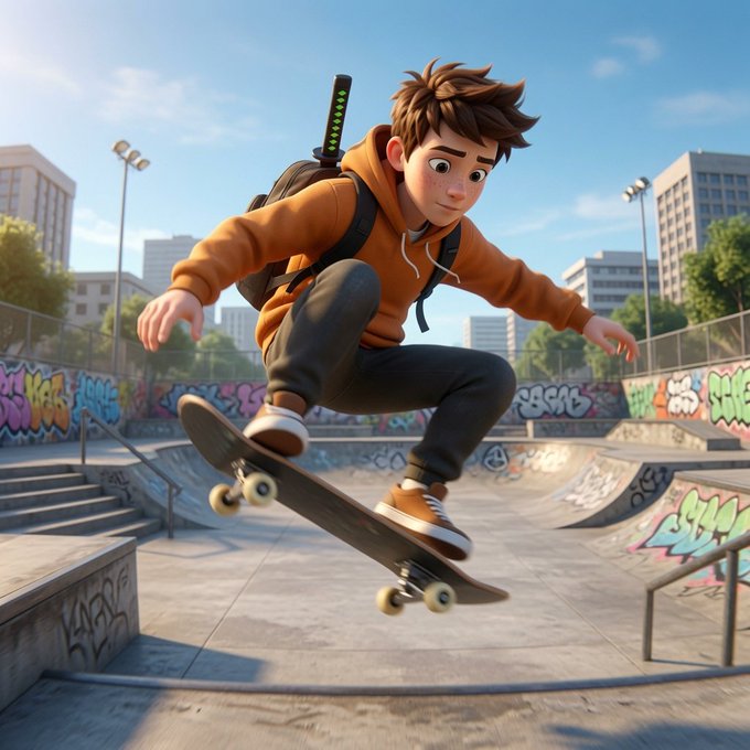A 3D-animated style image of a young boy in an orange hoodie performing a skateboard trick at an outdoor skate park with graffiti-covered ramps.