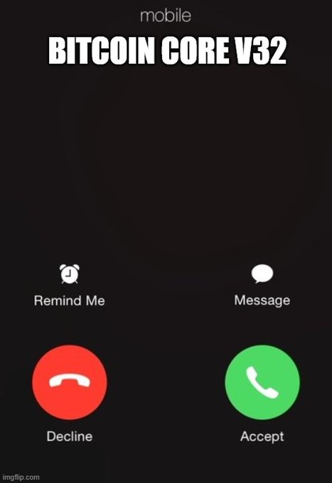 A mock-up of an incoming mobile phone call screen showing 'BITCOIN CORE V32' as the caller, with standard Decline and Accept call buttons.