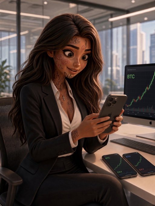 A 3D-rendered woman with facial tattoos sits at a desk in a modern office, looking at a smartphone displaying stock or crypto charts labeled "BTC", with a monitor showing a Bitcoin price chart behind her.