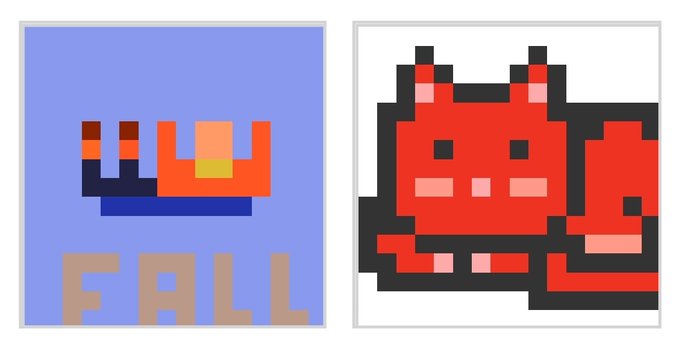 Two pixel art images side by side: the left shows a geometric design with the word "FALL" on a blue background, and the right shows a red cat-like character on a white background.
