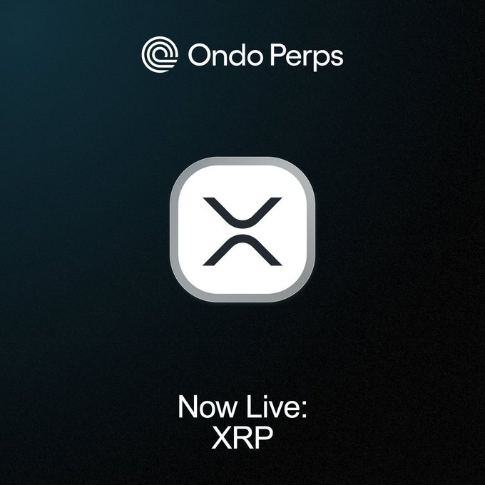 An announcement graphic for 'Ondo Perps' showing the XRP logo with 'Now Live: XRP' text on a dark background.
