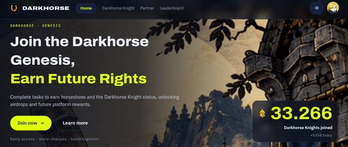 The image promotes "DarkHorse Genesis," showing a call to "Join the Darkhorse Genesis, Earn Future Rights" with 33,266 Darkhorse Knights joined and a "Join now" button visible. The graphic ties to the accompanying post by highlighting @RGBHorse's "DarkHorse" platform, which aims to serve as the Pump fun + Uniswap of BTC RGB for launching and trading assets.