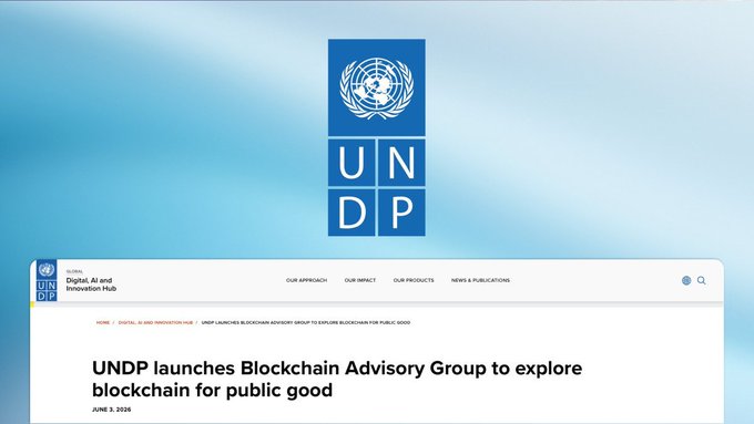 The image features a website for the United Nations Development Program (UNDP), which has been launched by the UNDP to explore the potential benefits of blockchain technology. The website displays the UNDP logo, along with a list of 26 organizations that have joined the Blockchain Advisory Group. These organizations are working together to investigate how blockchain can improve public infrastructure, financial inclusion, and digital governance. The post also mentions that Cosmos CMO and VP of Operations attended an event at the United Nations where they discussed this topic in detail.