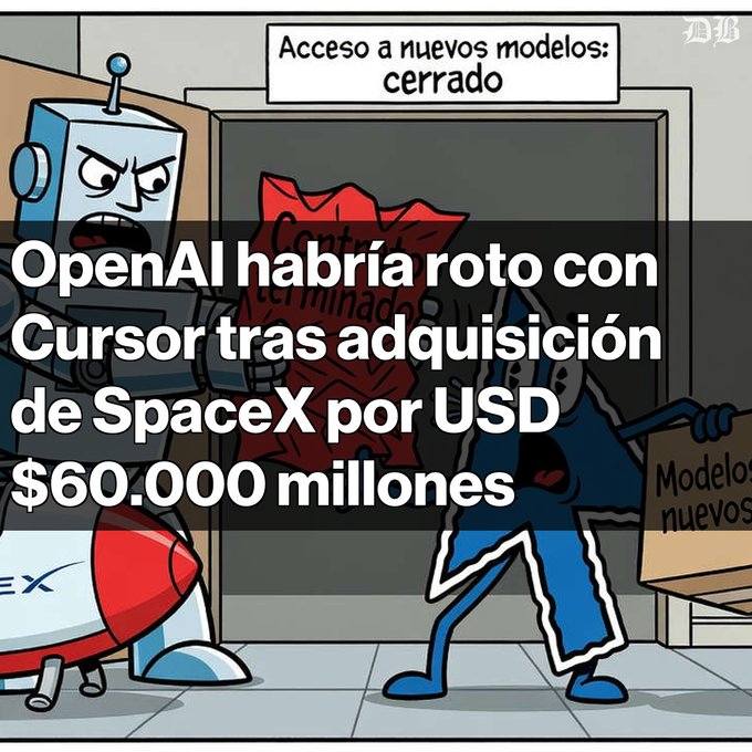 A Spanish-language meme with text reading 'OpenAI habría roto con Cursor tras adquisición de SpaceX por USD $60.000 millones,' depicting a cartoon robot arguing with a figure holding a 'Modelos nuevos' sign.