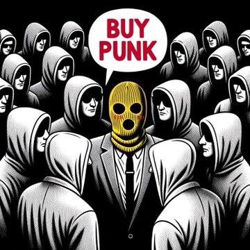 An illustration shows a figure wearing a yellow ski mask and business suit surrounded by hooded people in grayscale, with a speech bubble declaring 'BUY PUNK'.