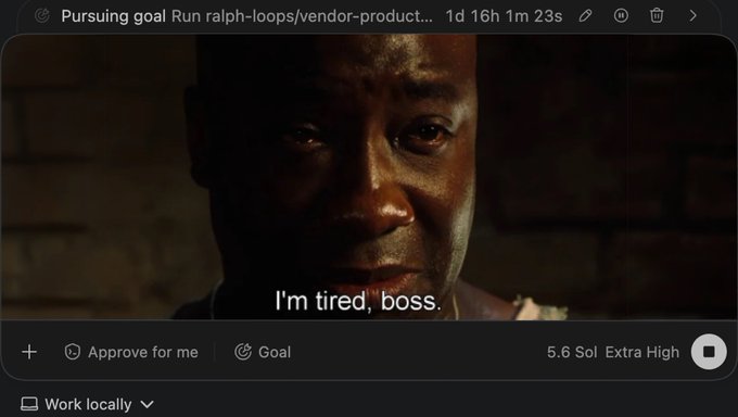 A dark screen shows a character from a video game stating 'I'm tired, boss.' in the subtitles, displayed within an interface labeled 'Pursuing goal: Run ralph-loops/vendor-product...' with a '5.6 Sol' cost indicator.