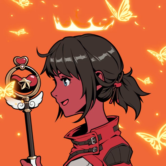 An anime-style illustration shows a character with dark hair in a red jacket holding a winged staff with a heart motif, set against an orange background with glowing butterflies.