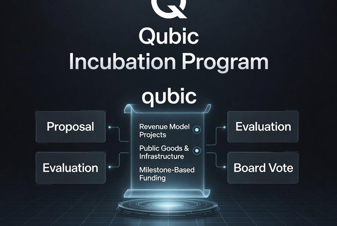 A promotional graphic for the Qubic Incubation Program displays a workflow diagram showing a proposal undergoing evaluation, project development focused on revenue models, public goods and infrastructure, and milestone-based funding before proceeding to board vote and final evaluation stages, illustrating Qubic's structured process for funding ecosystem builders.