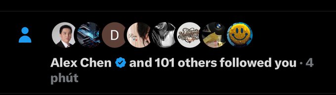 An Instagram notification screenshot showing 'Alex Chen and 101 others followed you · 4 phút' (4 minutes ago), displaying a row of circular profile pictures.