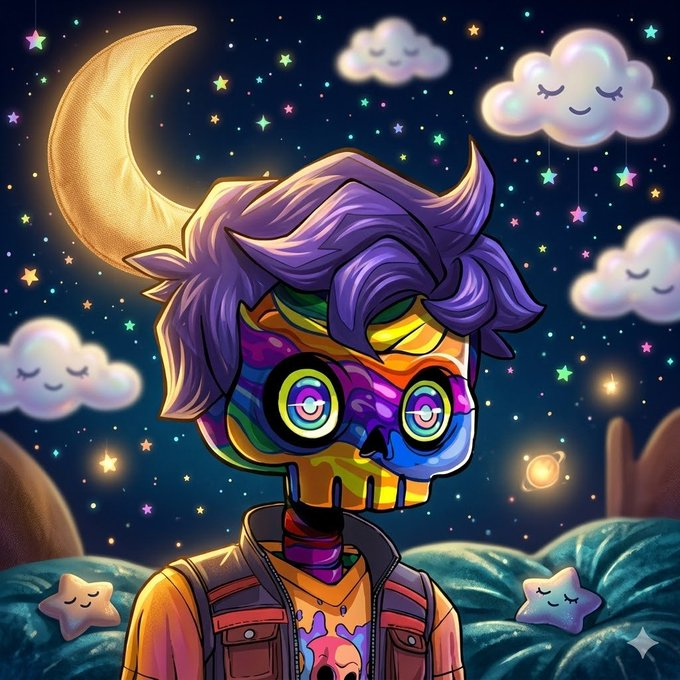 A vibrant, skull-faced character with rainbow-colored skin and purple hair stands against a starry night sky filled with smiling clouds and a crescent moon, wearing a colorful jacket. The dreamlike, whimsical aesthetic of the illustration mirrors the post's reflective, contemplative message about enduring community loyalty through quiet days in the NFT space.
