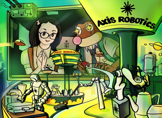 An illustrated scene depicts a smiling girl with glasses and a brown owl-like character peering through a window at "Axis Robotics," where mechanical arms, robotic figures, and futuristic equipment fill a green-tinted workshop. The whimsical yet high-tech imagery visually reinforces the post's message about robotics evolving from rigid, pre-programmed machines into adaptive, intelligent systems that can learn and operate in dynamic environments.