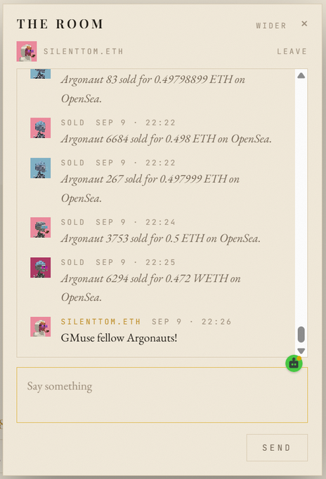 Screenshot of a chat room called 'THE ROOM' for 'SILENTTOM.ETH', showing multiple OpenSea sales of 'Argonaut' NFTs for approximately 0.5 ETH and a message reading 'GMuse fellow Argonauts!'.
