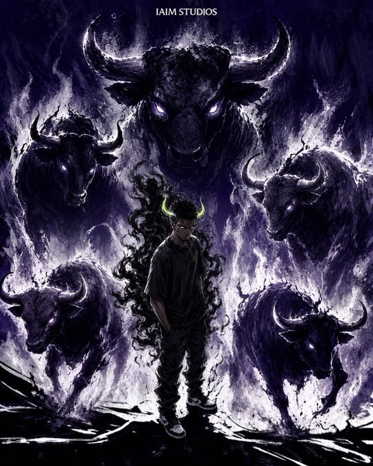 Digital artwork by IAIM Studios showing a young figure with small green horns and glowing eyes standing before four massive purple, demonic bulls with glowing eyes emerging from darkness.