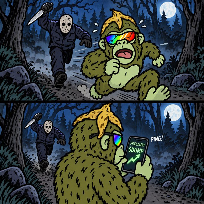 A two-panel cartoon showing a terrified Bigfoot/Sasquatch wearing rainbow sunglasses running from a Jason Voorhees-like masked figure with a knife in a moonlit forest; in the second panel, Bigfoot checks his phone and gets a 'PRICE ALERT $DUMP' notification, saying 'PING!'.