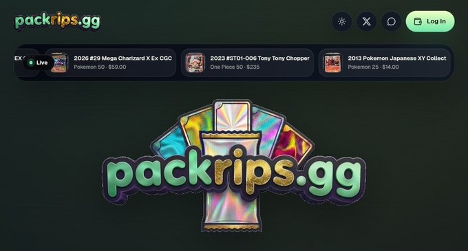 The image showcases the packrips.gg homepage featuring a holographic logo of trading card packs, with a featured ticker bar displaying items like "2026 #29 Mega Charizard X EX CGC" for $59.00 and "2023 #ST01-006 Tony Tony Chopper" for $235. The site appears to be a Solana-based gacha platform for collectible cards, tying into the post's announcement of new features and shipments for the $RIPS token.