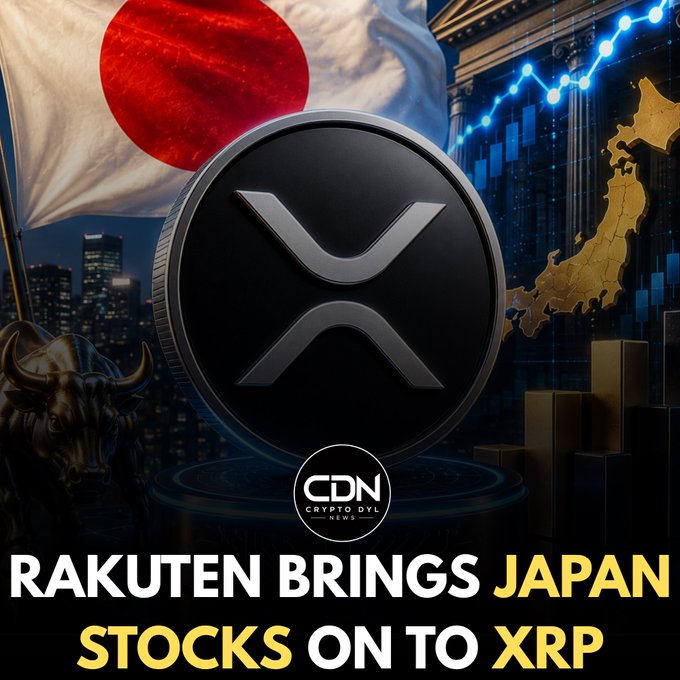 A promotional graphic featuring a large XRP coin centered against a backdrop of the Japanese flag, a golden map of Japan, bull statues, and a rising stock chart, with bold text reading "RAKUTEN BRINGS JAPAN STOCKS ON TO XRP" and a "CDN Crypto DVL News" logo. The visual ties directly to the announcement of Rakuten launching tokenized Japanese stocks on the XRP Ledger, symbolizing the bridge between traditional Japanese equities and blockchain-based assets.