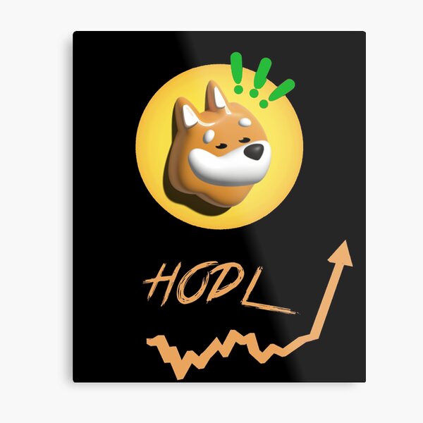 A digital illustration features a 3D Shiba Inu dog emoji inside a yellow circle on a black background, with the text 'HODL' and an upward-pointing arrow over a zigzag line.