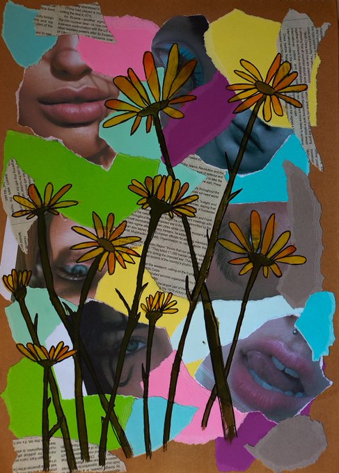 A vibrant collage art piece featuring torn pieces of magazine clippings with facial features, overlaid with hand-drawn yellow and orange daisy-like flowers.